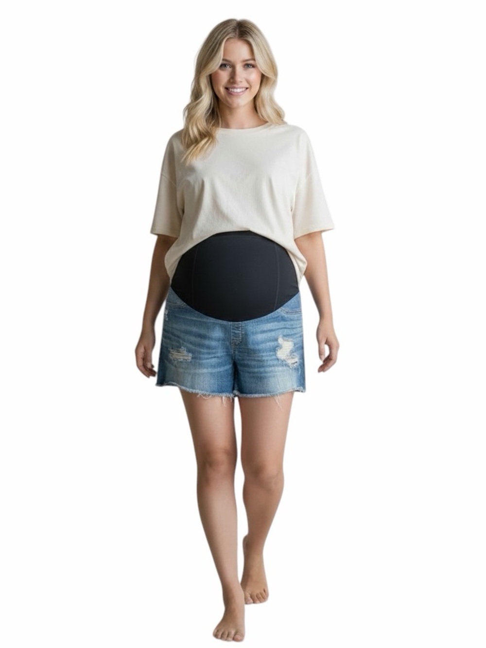 Isabel Maternity Midi Short Distressed Blue Denim Shorts Size 8/29